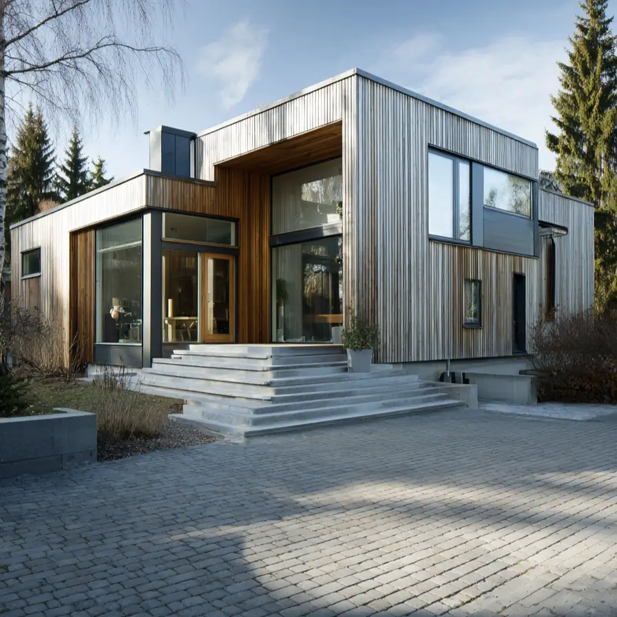 A modern Scandinavian exterior with light vertical wood siding, a deeply recessed entrance, and large windows, viewed from the driveway.