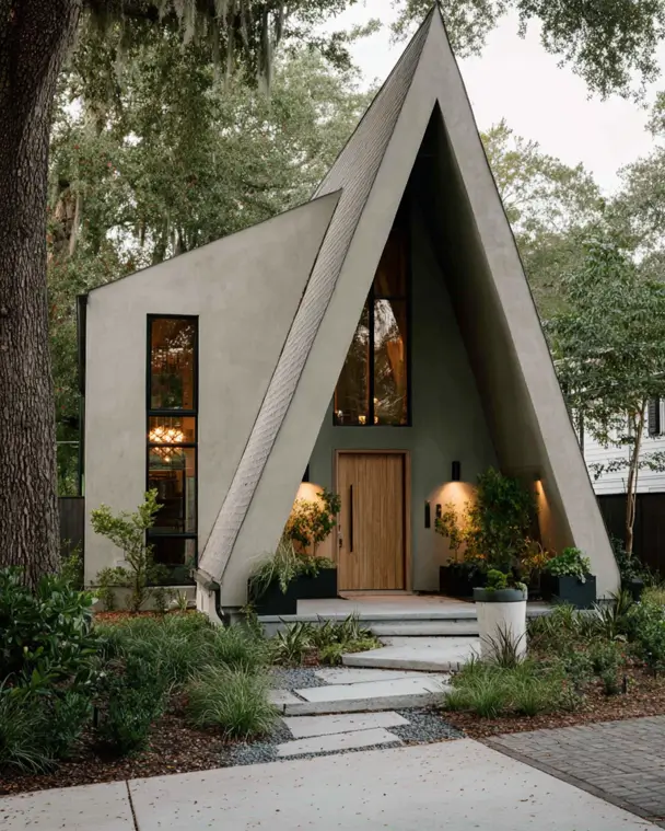 A modern A-frame house with a light-colored stucco exterior and a recessed wooden door, surrounded by lush greenery.
