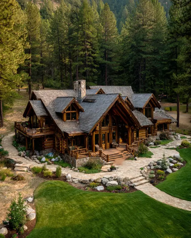 A grand, lodge-style log cabin home design surrounded by manicured lawns and a dense pine forest.