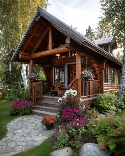 A charming tiny log cabin home framed by lush gardens, colorful flowers, and a natural flagstone path leading to the porch.