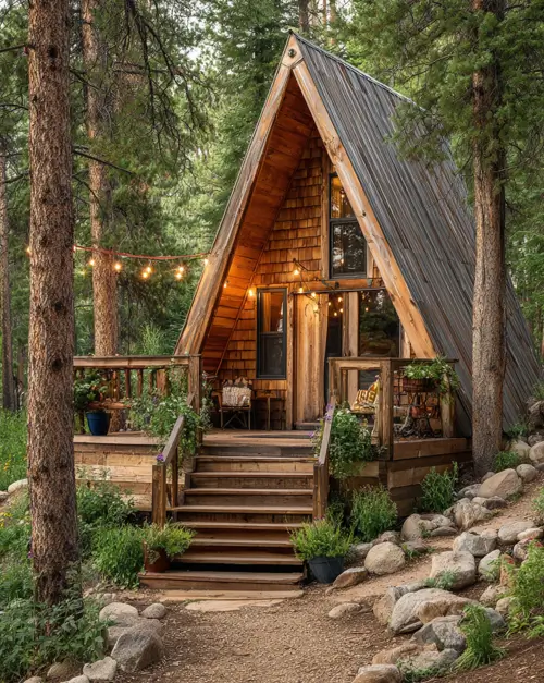 Tiny A-Frame Cabins: 31 Inspiring Ideas for Your Dream Retreat 7 A rustic all-wood tiny a frame cabin with glowing string lights on its porch, nestled in a woodland setting.