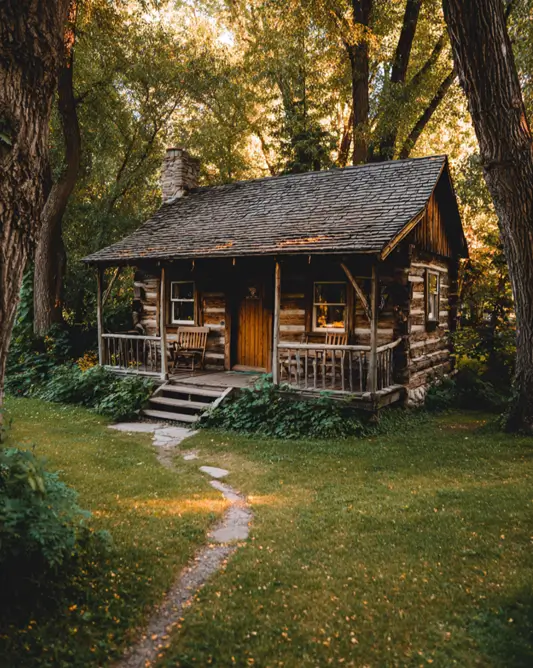 55 Tiny Cabin Ideas: The Ultimate Guide to Exterior & Interior Design 6 A traditional tiny log cabin design idea with a substantial stone chimney and a deep covered porch, bathed in the golden light of the forest.