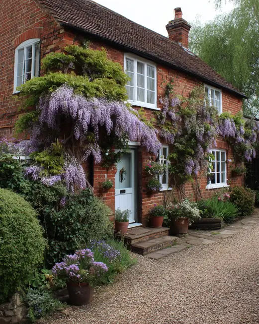 A welcoming red brick english cottage house design, with a cluster of various terracotta pots with flowers arranged on the steps by the front door.