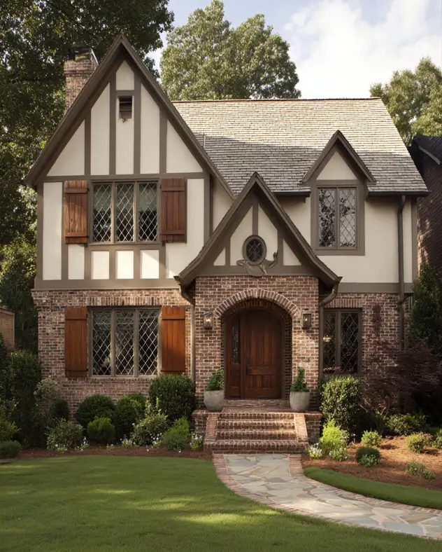 A brick and stucco Tudor-style house with rustic wooden shutters framing the diamond-pane windows.