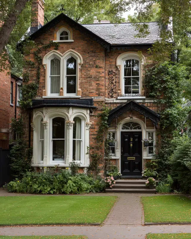 A historic brick suburban house exterior featuring ornate, gracefully arched window casings that give the home a romantic, storybook character.