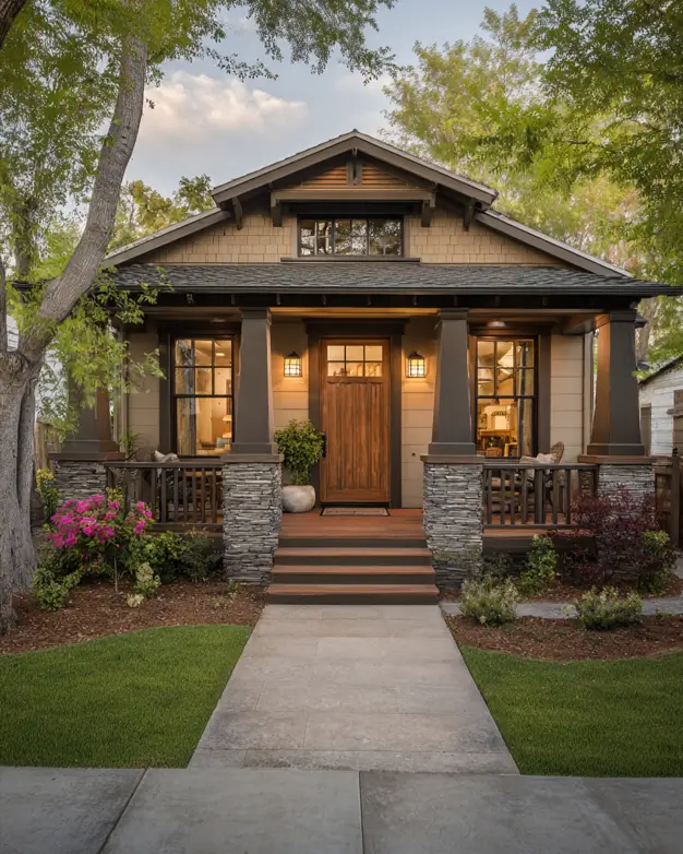 Modern craftsman bungalow at dusk, featuring a cozy lit porch, dark tapered columns on stone piers, and warm glowing windows.