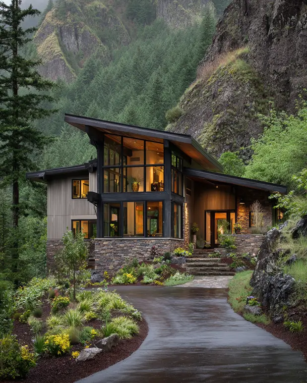 Modern mountain home with a sloped roof and stone base, built into a steep, forested cliffside with a wet driveway.