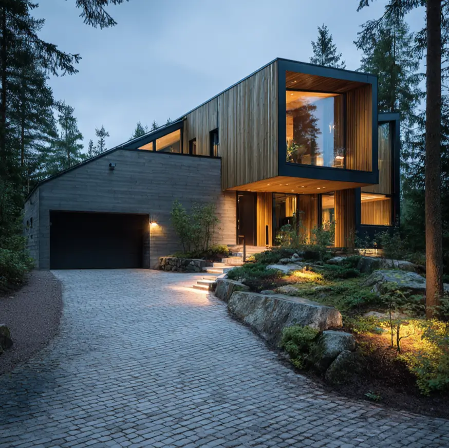 A Scandinavian style home exterior with a cantilevered wood-clad volume, lit from within at dusk in a forest setting.