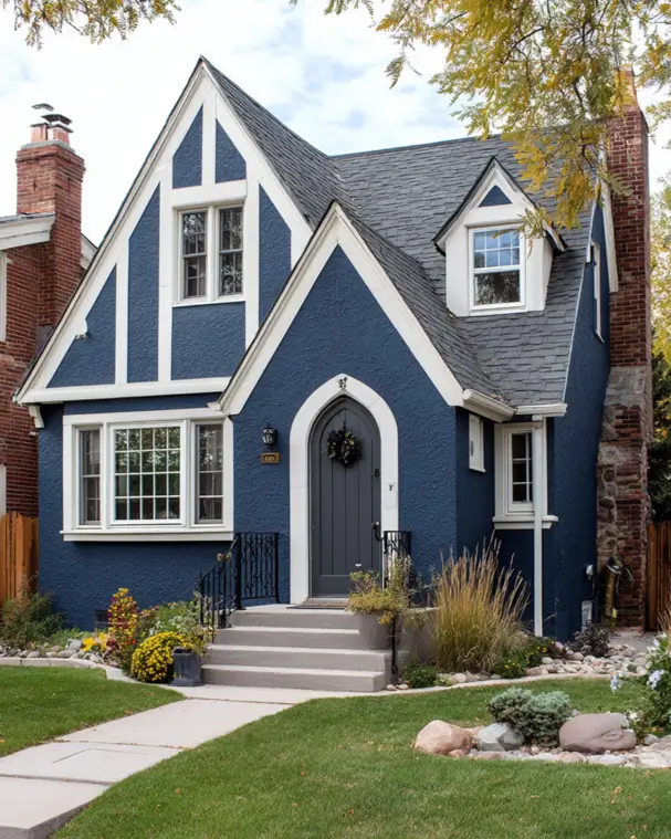 A bold small modern Tudor home with a deep blue stucco exterior, sharply defined by bright white trim on the gables and around the windows.