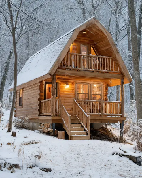 A two-story tiny log cabin with a barn-style gambrel roof, glowing warmly in a snowy winter forest.