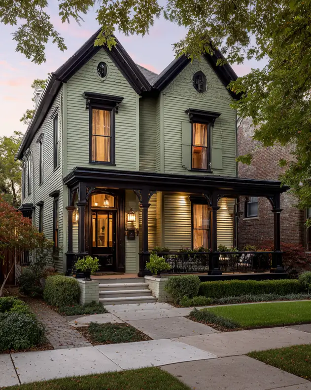 A historic Victorian sage green house at dusk, with warm light illuminating the intricate black detailing on its wraparound porch.