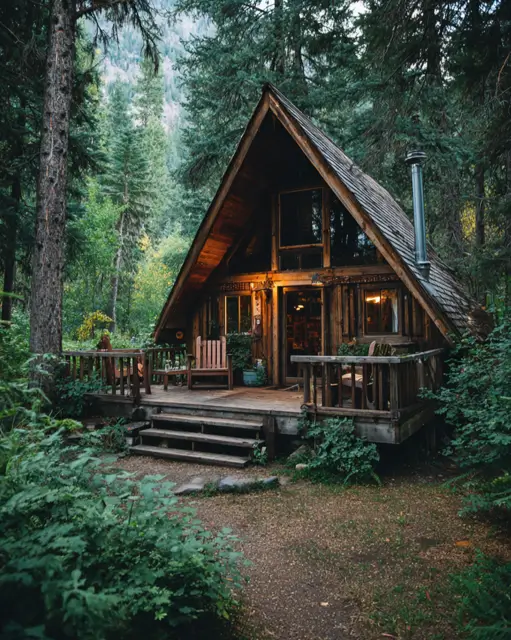 55 Tiny Cabin Ideas: The Ultimate Guide to Exterior & Interior Design 43 A cozy A-frame tiny cabin home featuring a multi-level wooden deck that creates distinct zones for outdoor living in a lush green forest.