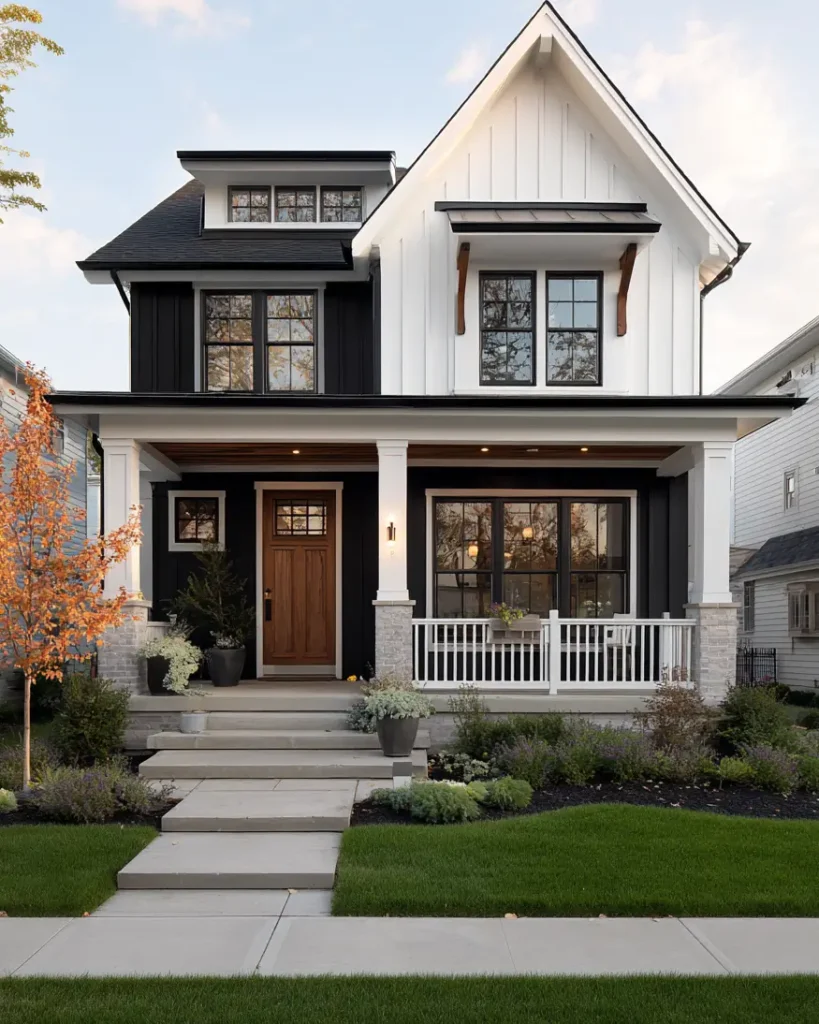 A black and white farmhouse with layered textures, including stone column bases and wood brackets.