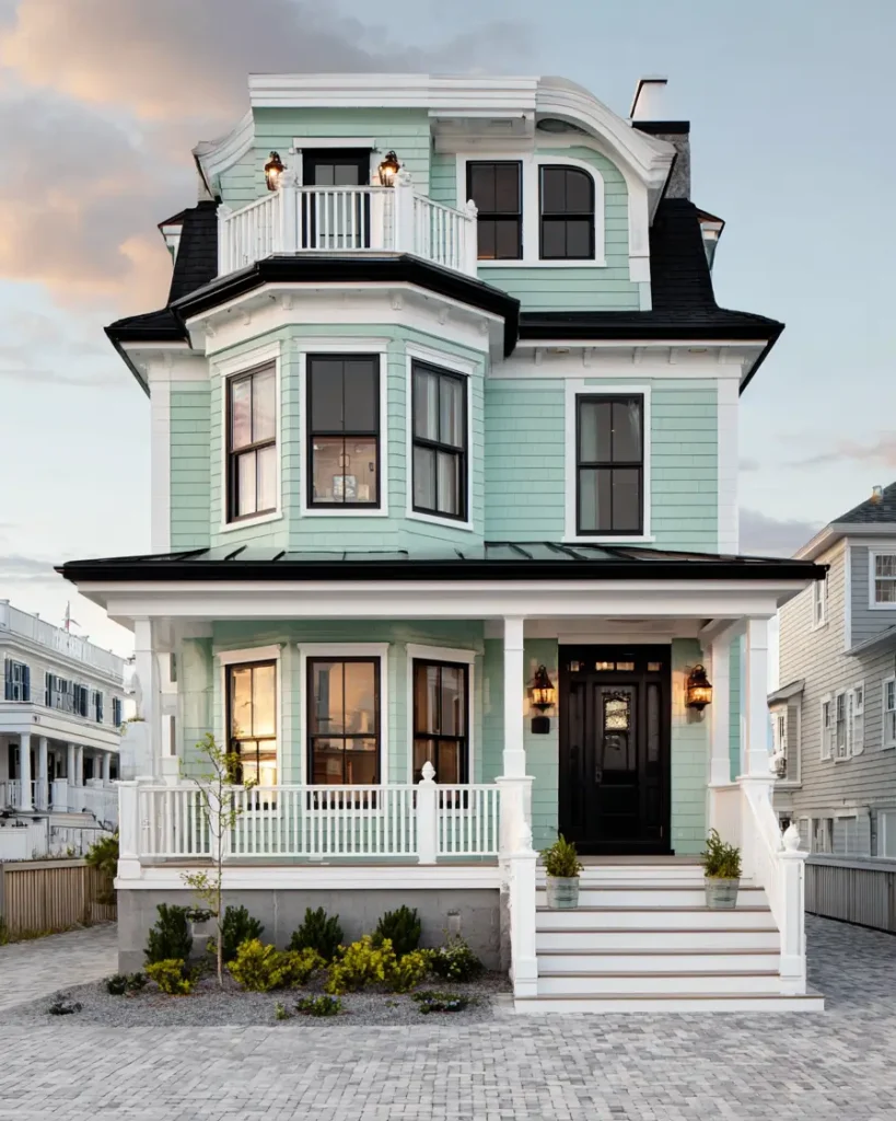A coastal sage green house exterior with a fresh, breezy look created by layering crisp white railings over bold black trim.