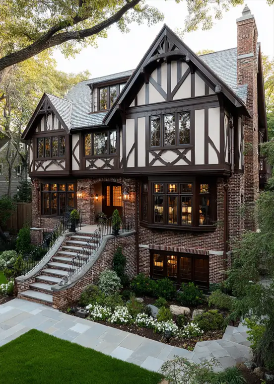 A grand brick Tudor house on a sloped yard with a long, elegant staircase and dark brown timbering.
