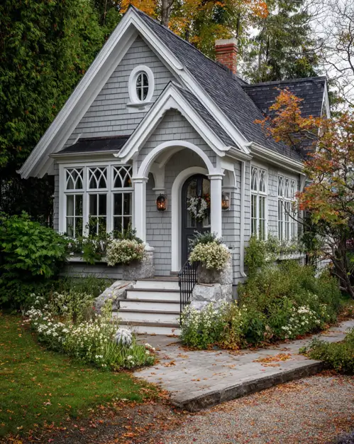 A small gray shingle cottage with decorative arched windows and a covered entryway.