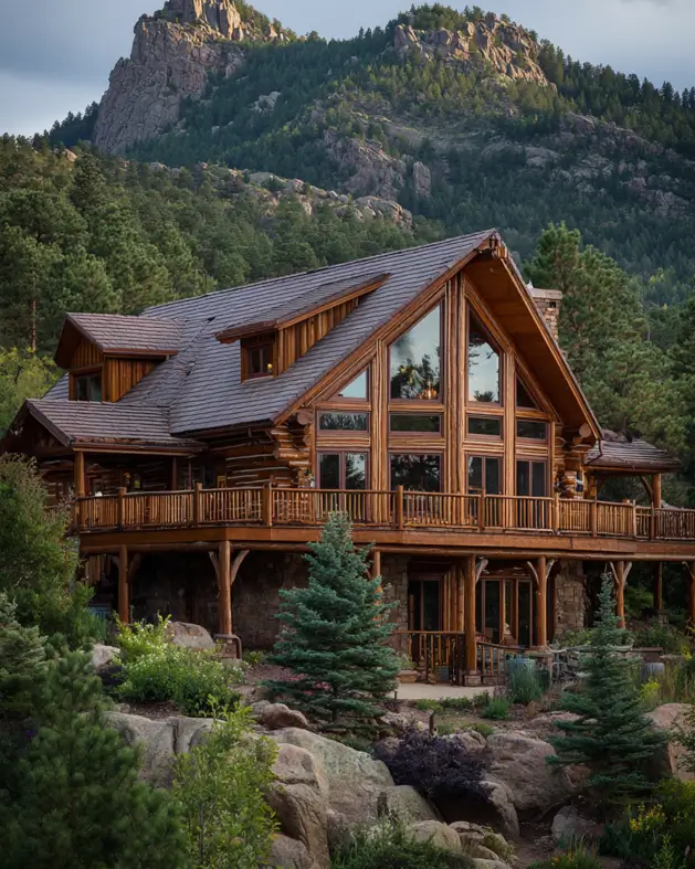 A grand log cabin house design with a wall of windows set against a stunning rocky mountain peak.