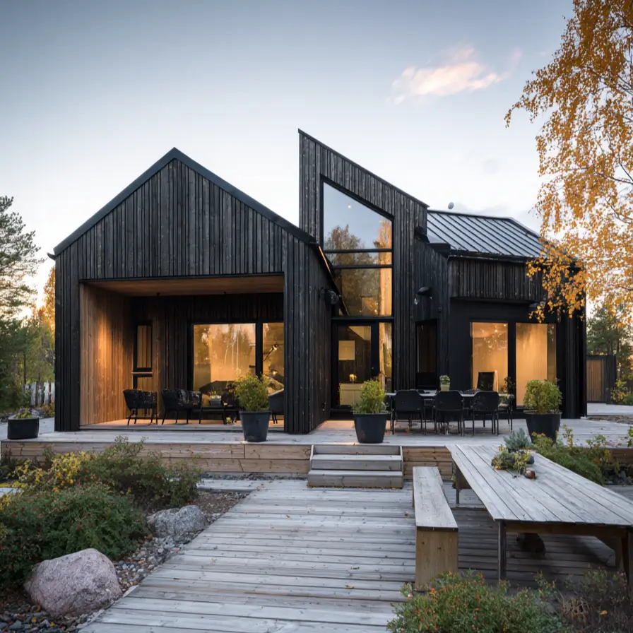 A dark modern Scandinavian exterior with dynamic, angled rooflines and large windows, set against a twilight sky.