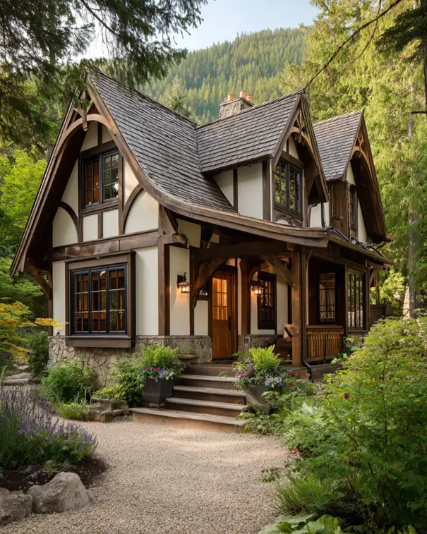 A rustic Tudor-style house with Arts and Crafts influence, showcasing heavy exposed timber framing and a natural stone base in a forest setting.