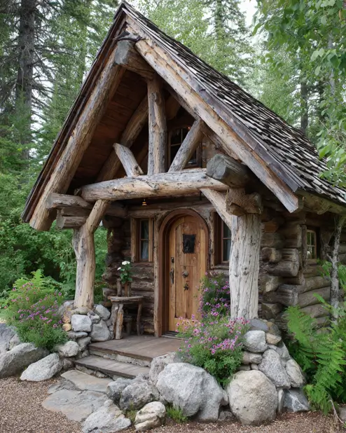 A fairytale tiny log cabin with a uniquely carved wooden door, gnarled log posts, and intricate truss work, surrounded by stone.