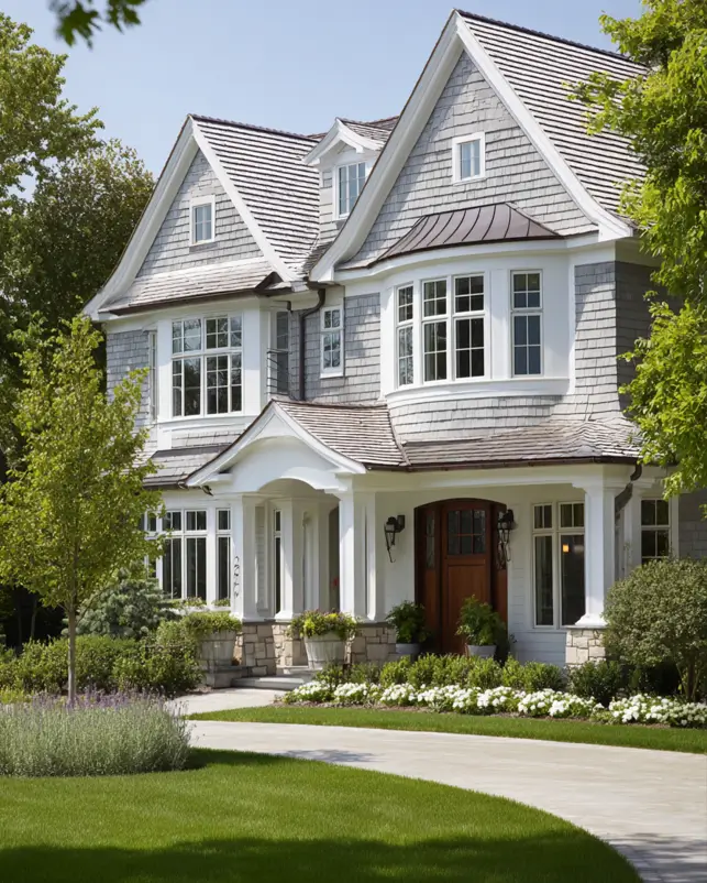 An elegant suburban house exterior with gray shingle siding, featuring a gracefully curved bay window that softens the home's traditional lines.