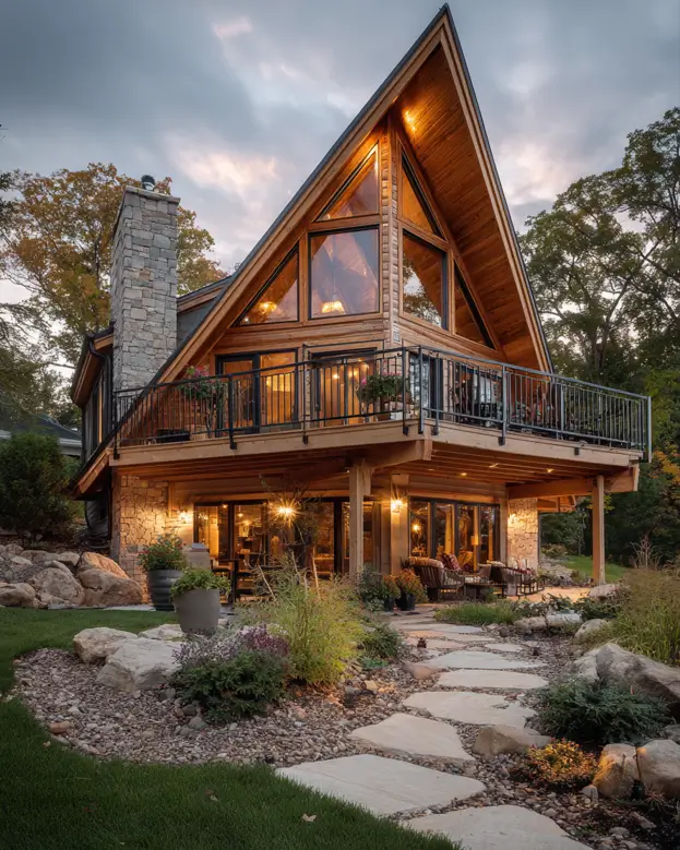 A large wooden A-frame home with a stone chimney and foundation, featuring a wraparound deck and a walk-out lower level at dusk.