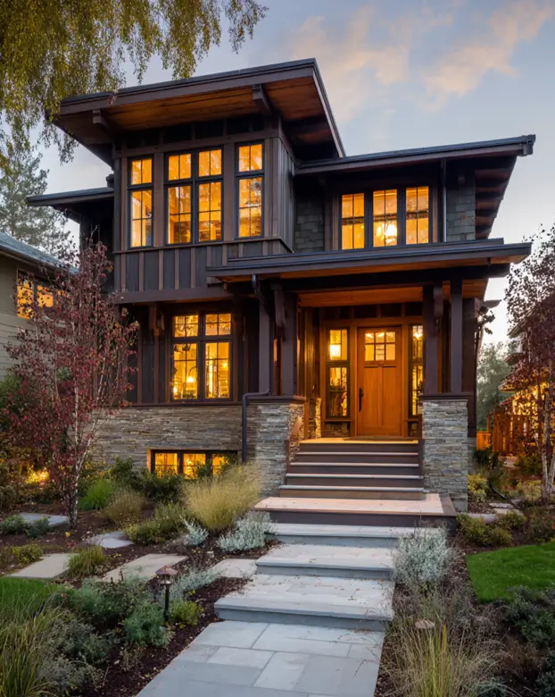 A sophisticated contemporary craftsman house at dusk, featuring a low-pitched roof, dark wood siding, and warmly illuminated windows.