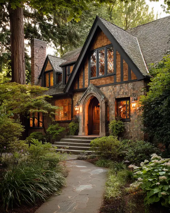 A secluded stone and shingle Tudor house at dusk, with warm, glowing windows, nestled in a forest setting.