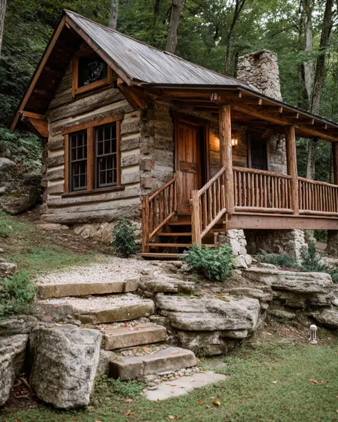 A weathered tiny log cabin built into a rocky hillside, with natural stone steps leading up to the porch.