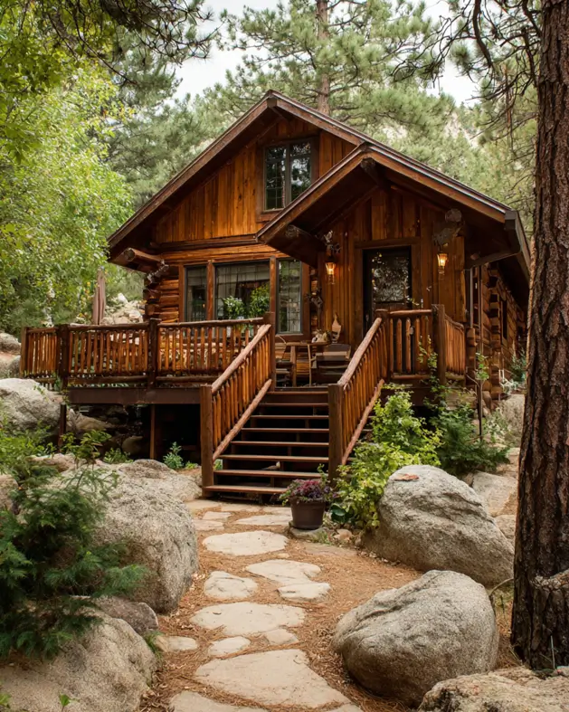 A rustic log cabin with a wooden staircase and deck, nestled among tall pine trees and boulders.