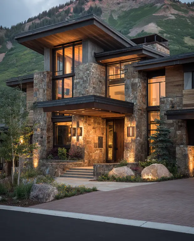 A luxury modern mountain house at dusk, with strategic lighting illuminating its stone and wood exterior against a mountain peak.