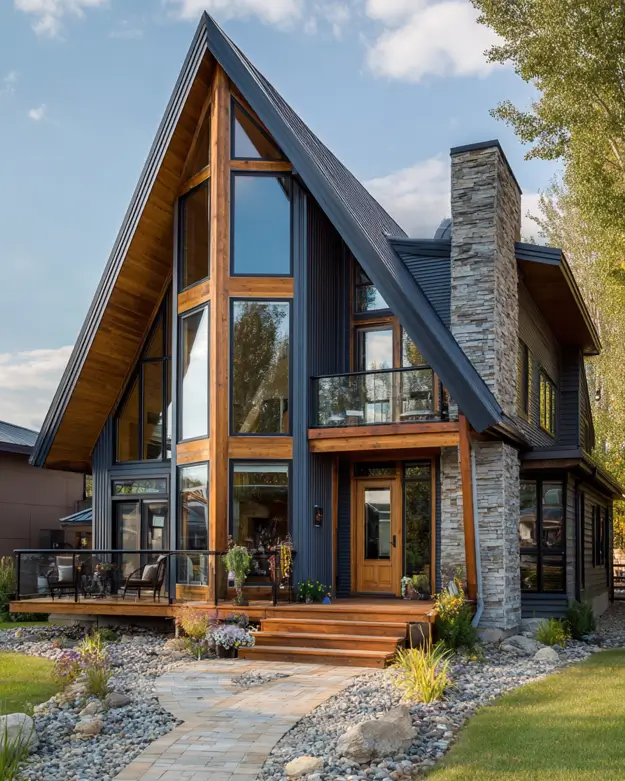 A modern A-frame home with a mix of wood, dark siding, and a prominent stone chimney.