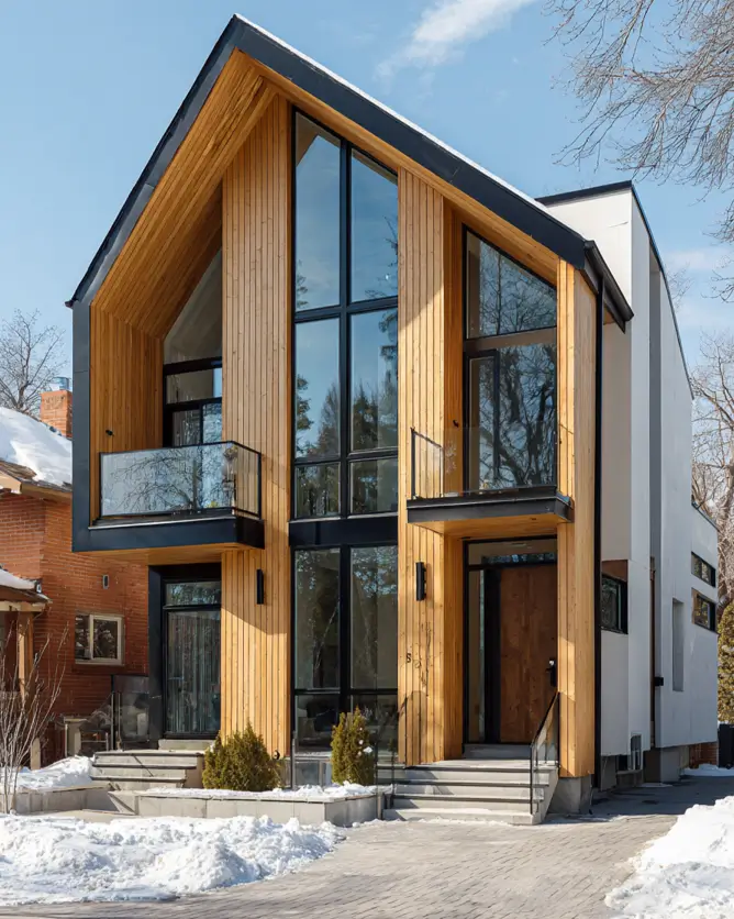 A modern Scandinavian house with an asymmetrical facade, featuring a mix of natural wood and white siding, seen in a sunny winter setting.