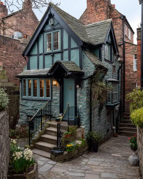 A narrow, multi-level Tudor-style house in a cobblestone alley, showcasing a creative small home exterior idea for an urban lot.