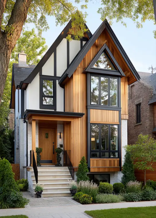 A dynamic small modern Tudor house with mixed materials, featuring warm vertical wood siding on the front gable against white brick and black timbering.