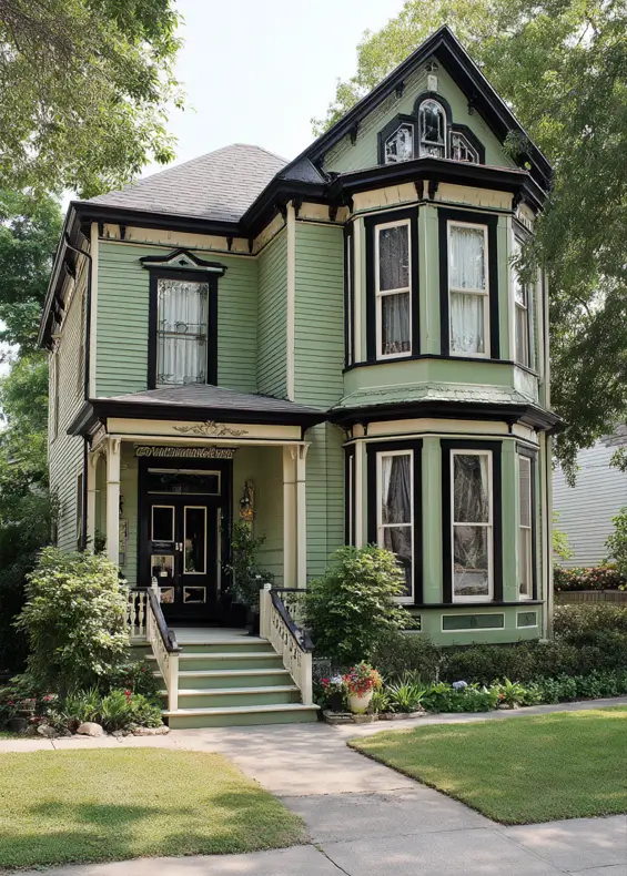 A close-up detail of a historic Victorian house, showing how layered cream and black trim defines the intricate window woodwork.
