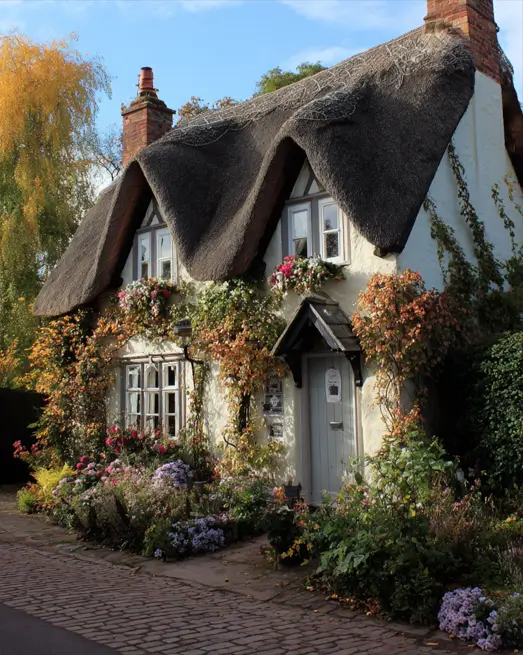 An english cottage home in autumn, with charming window boxes on the upper windows filled with pink flowers and surrounded by fall foliage.