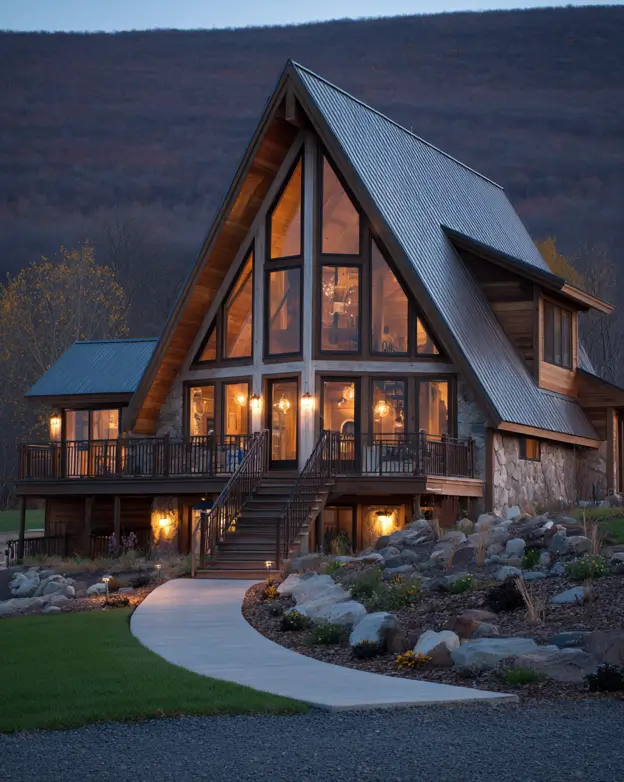 A grand wooden A-frame lodge with a stone foundation and metal roof, glowing warmly at dusk against a dark hillside.