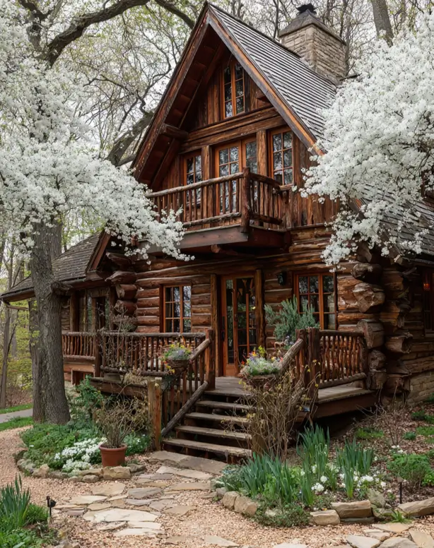 A multi-story log cabin house style framed by large white flowering trees in the spring.