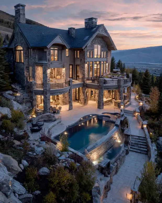 A sprawling luxury modern mountain house made of stone, with a terraced pool and multiple balconies overlooking a valley at sunset.