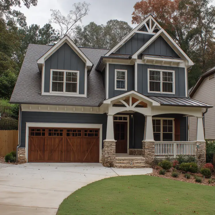 A modern craftsman house with a high-contrast exterior of dark charcoal siding, white decorative trusses, and warm wood garage doors.