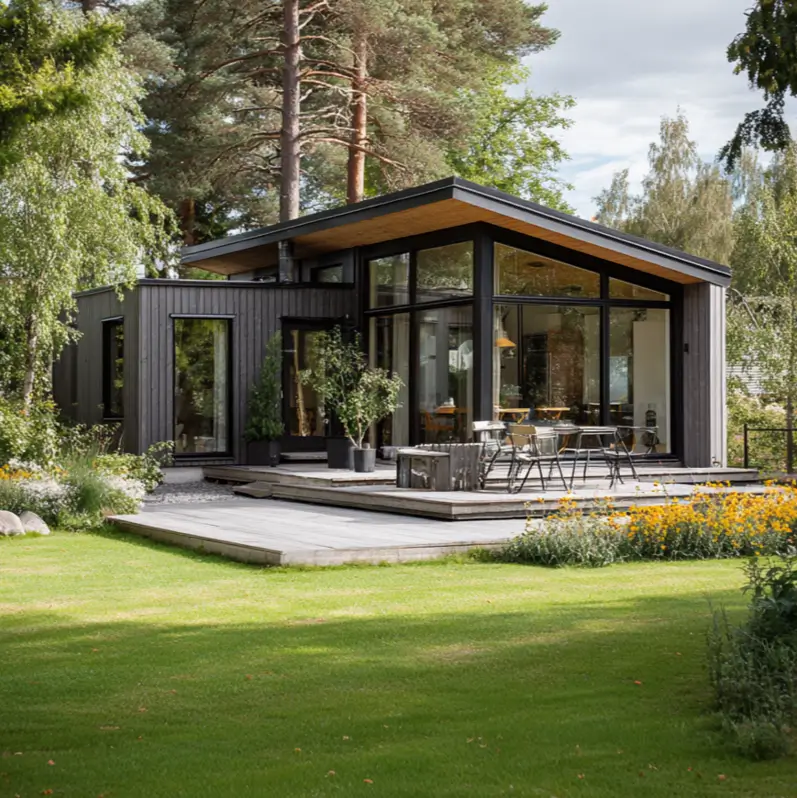 A dark modern Scandinavian exterior with a slanted roof, large glass windows, and a patio area on a lush green lawn.