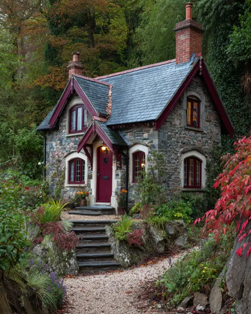 A rustic stone cottage with a slate roof and deep red trim, nestled into a wooded hillside.