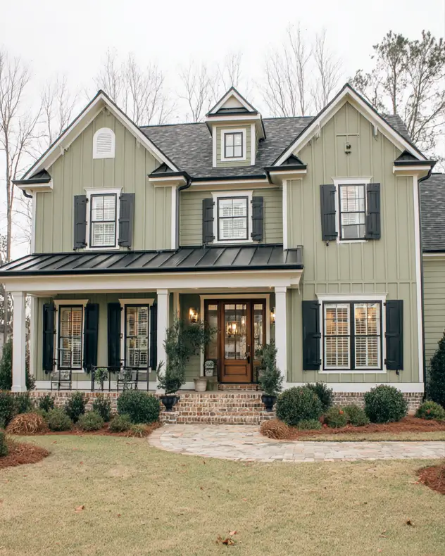 The facade of a large sage green farmhouse, where classic board-and-batten style black shutters frame the windows.