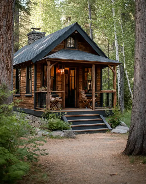 55 Tiny Cabin Ideas: The Ultimate Guide to Exterior & Interior Design 45 A dark wood small cabin design featuring a deep, sheltered porch with comfortable rocking chairs, perfect for enjoying the forest view.