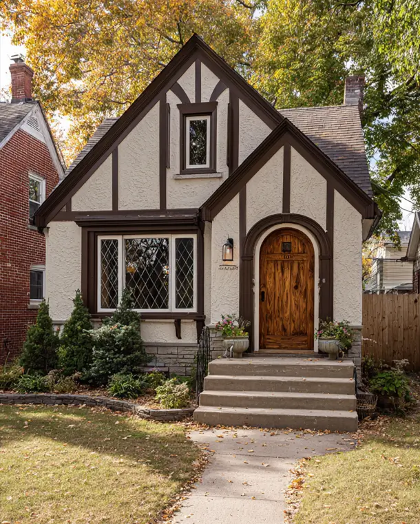 A charming small Tudor home with a focus on craftsmanship, featuring a beautiful arched wood-grain door with intricate detailing.