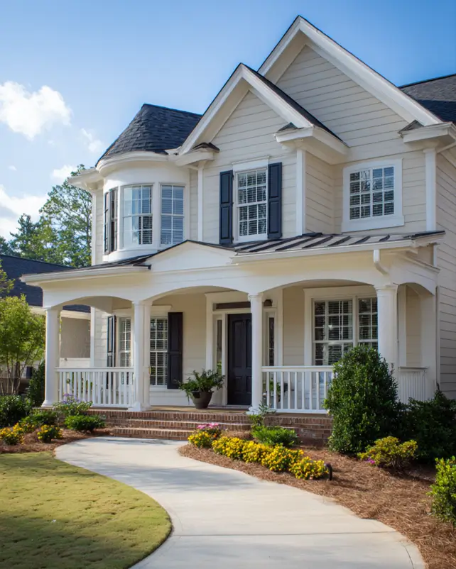 A traditional suburban house exterior with southern charm, featuring a large wraparound porch that extends from the front to the side of the home.