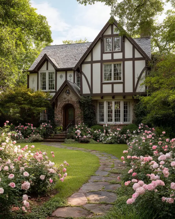 A Tudor-style home with a flagstone path bordered by a beautiful and abundant display of pink roses.