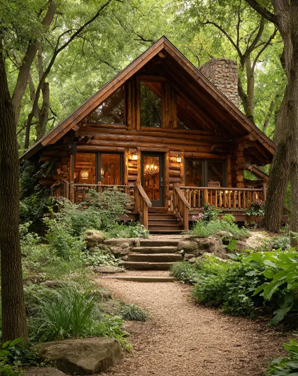An A-frame log cabin with glowing windows, nestled in a lush green forest with a path to the entrance.