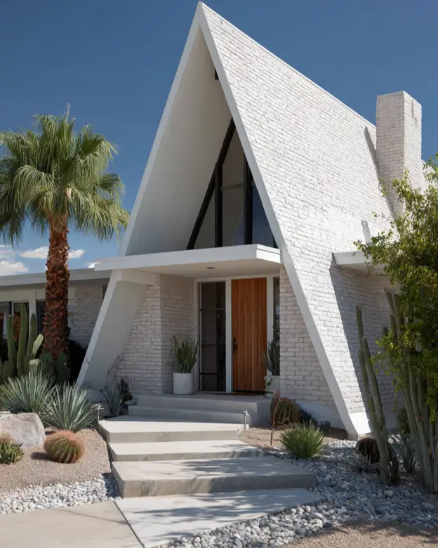 A white brick mid-century modern A-frame home in a desert setting with a palm tree.